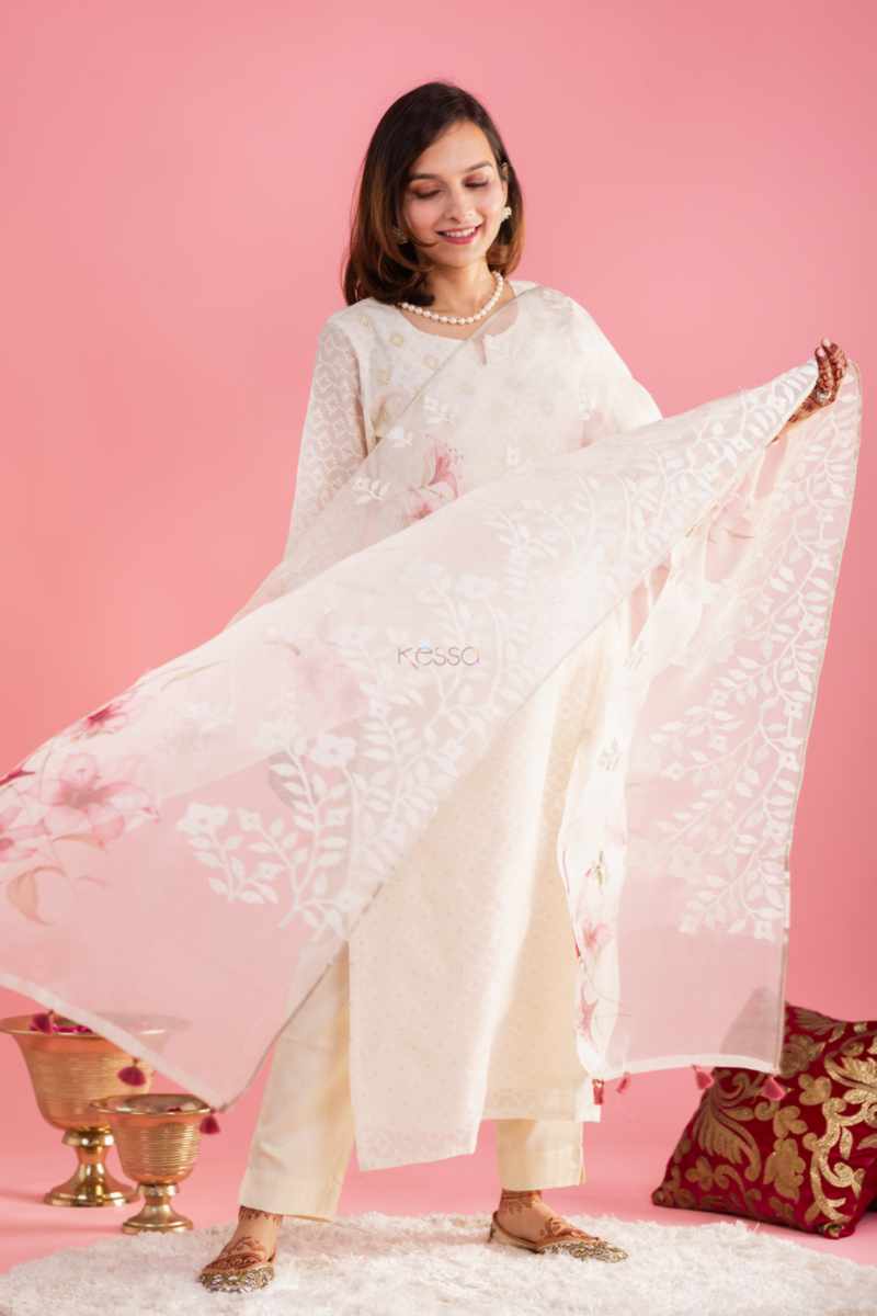 Image for Kusvaa Ws884 Ahana Chanderi Kurta Organza Dupatta Set Side New