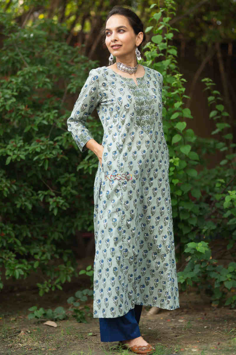 Image for Kusvaa Wsr304 Maina Block Print Straight Fit Kurta Side