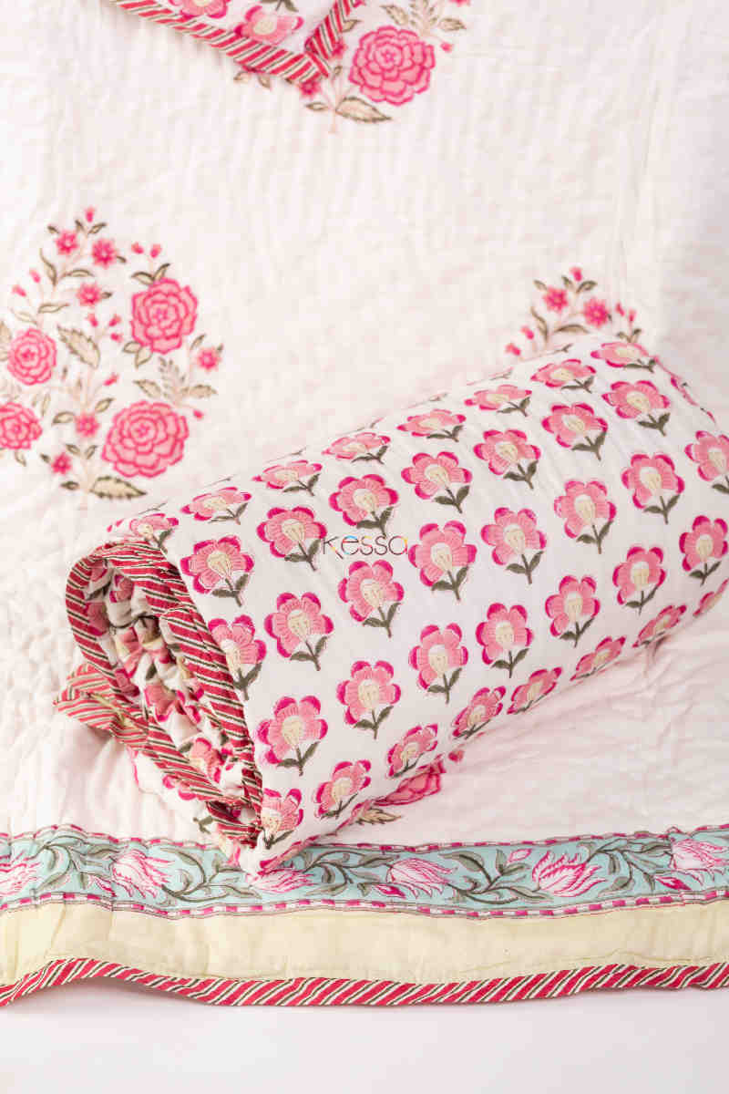 Image for Kusvaa Kaq214 Porcelain White Rose Bud Pink Single Bed Quilt Closeup