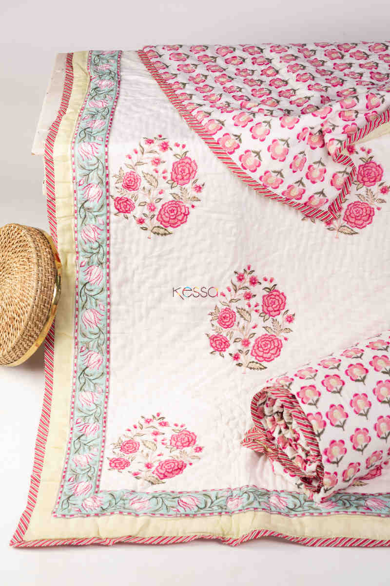 Image for Kusvaa Kaq214 Porcelain White Rose Bud Pink Single Bed Quilt Featured