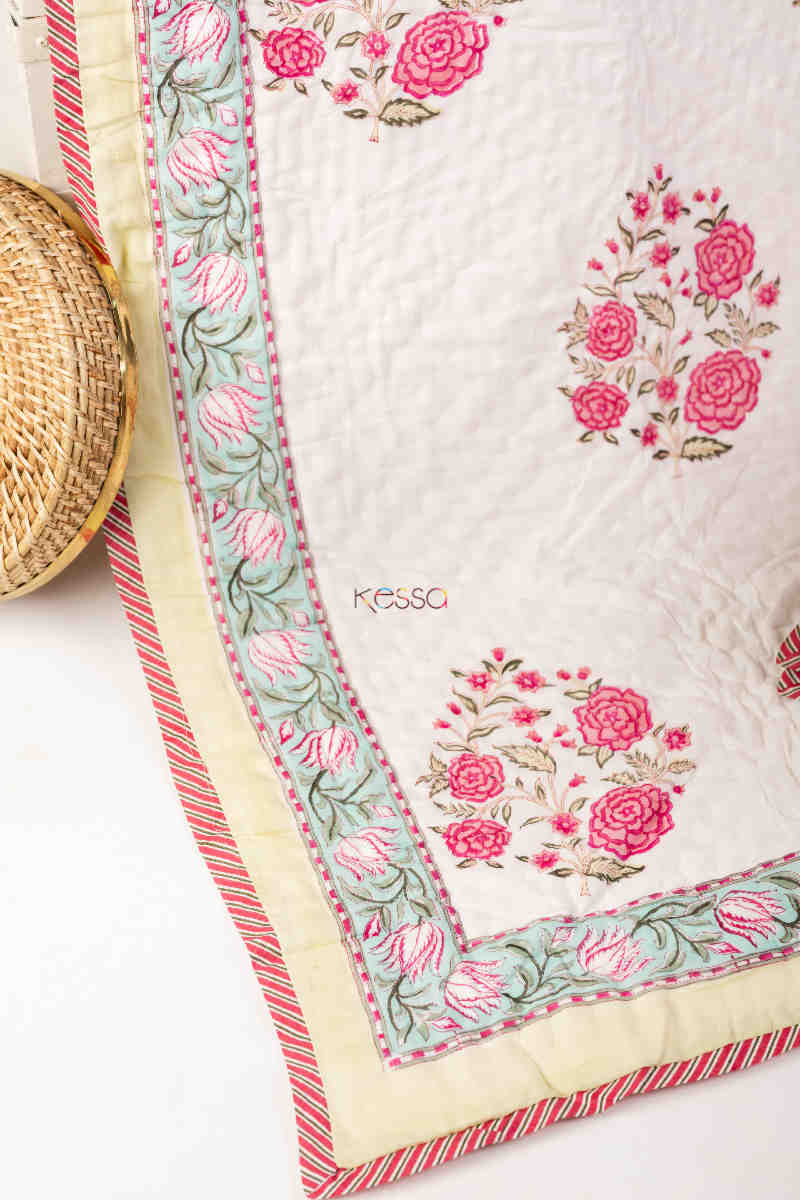 Image for Kusvaa Kaq214 Porcelain White Rose Bud Pink Single Bed Quilt Look