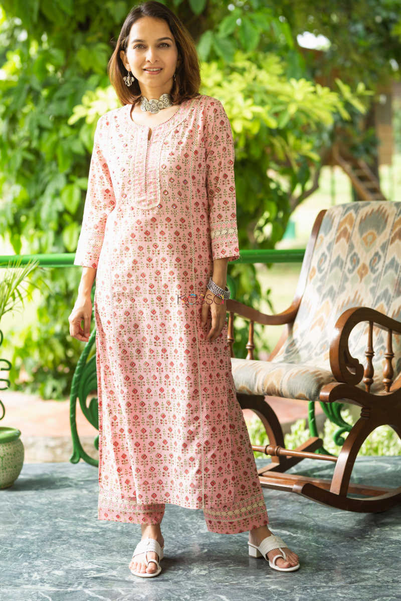 Image for Kusvaa Wsr321 Aarunya Block Print Kurta Pant Set Front