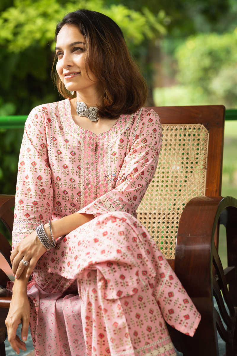 Image for Kusvaa Wsr321 Aarunya Block Print Kurta Pant Set Sitting