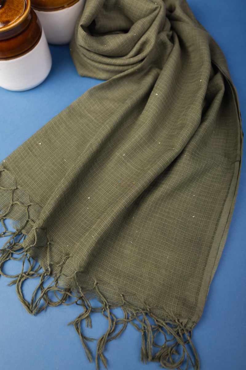 Image for Kusvaa Bprdupatta01 Cotton Kota Doria Dupatta Army Green Closeup 2