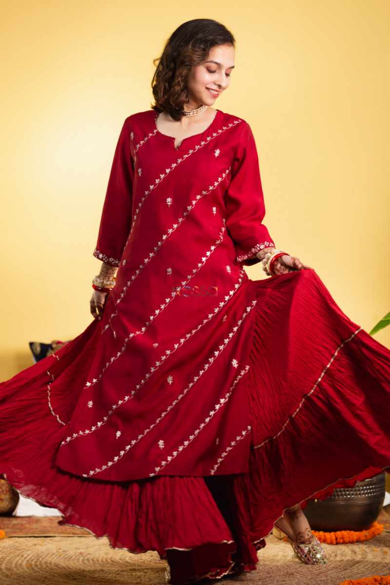 Image for Kusvaa Sap17 Crushed Cotton Sharara Maroon Closeup