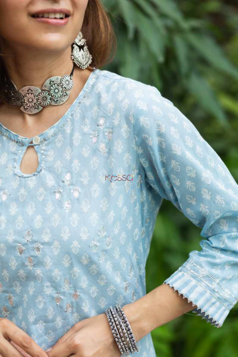 Image for Kusvaa Vcr145 Nishitha Block Print Cotton Kurta Pant Set Closeup