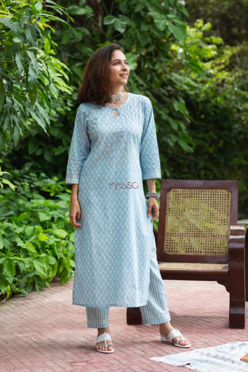 Image for Kusvaa Vcr145 Nishitha Block Print Cotton Kurta Pant Set Featured