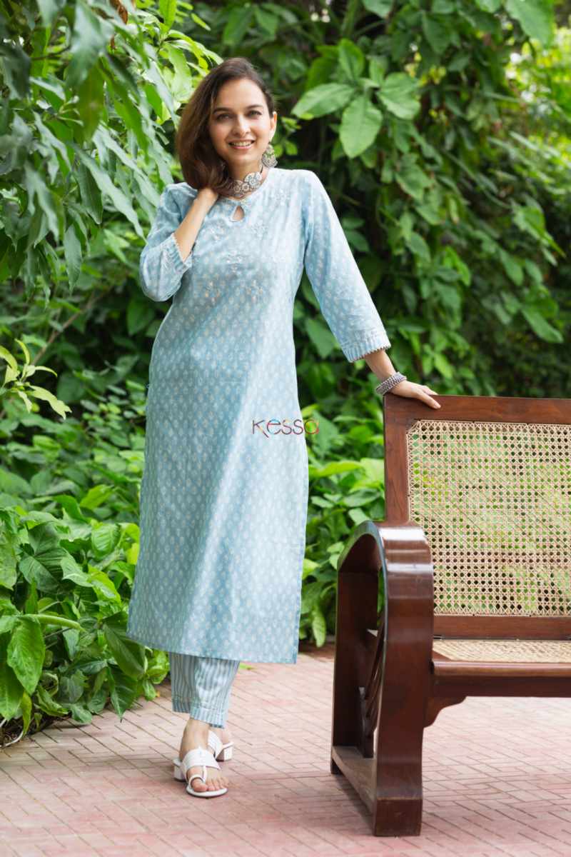 Image for Kusvaa Vcr145 Nishitha Block Print Cotton Kurta Pant Set Front