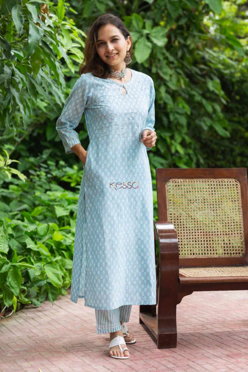 Image for Kusvaa Vcr145 Nishitha Block Print Cotton Kurta Pant Set Side