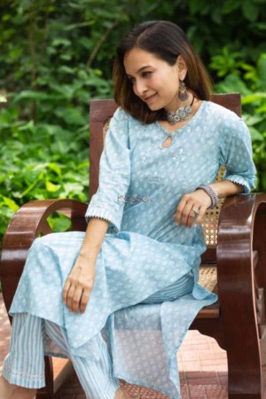 Image for Kusvaa Vcr145 Nishitha Block Print Cotton Kurta Pant Set Sitting