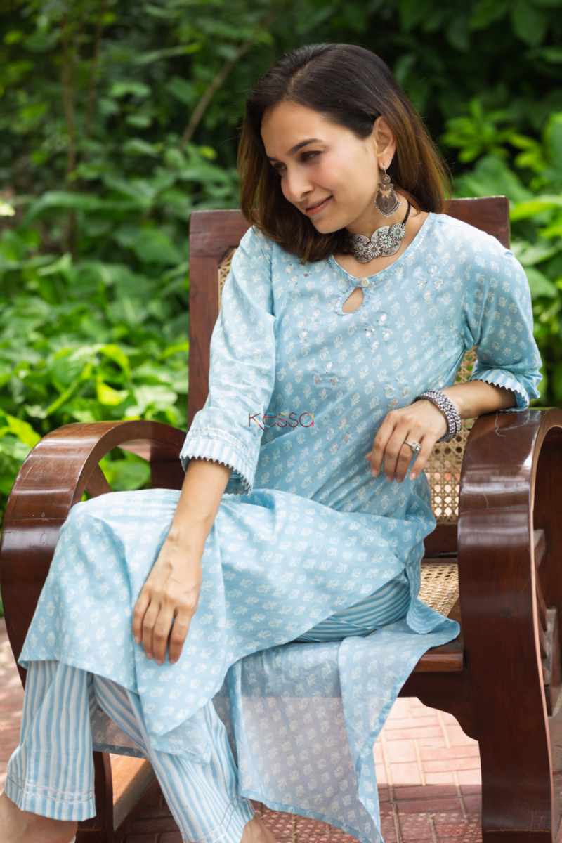 Image for Kusvaa Vcr145 Nishitha Block Print Cotton Kurta Pant Set Sitting