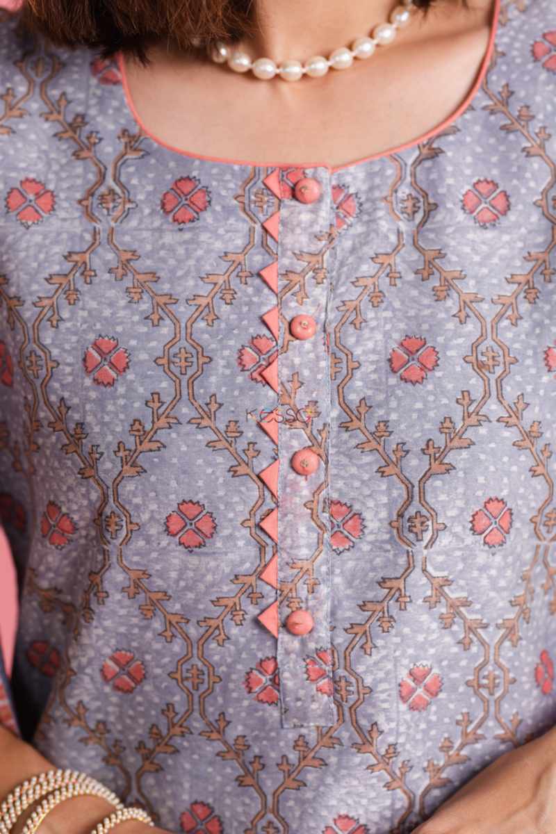 Image for Kusvaa Ws901 Ishara Block Print Kurta With Chanderi Dupatta Closeup 2