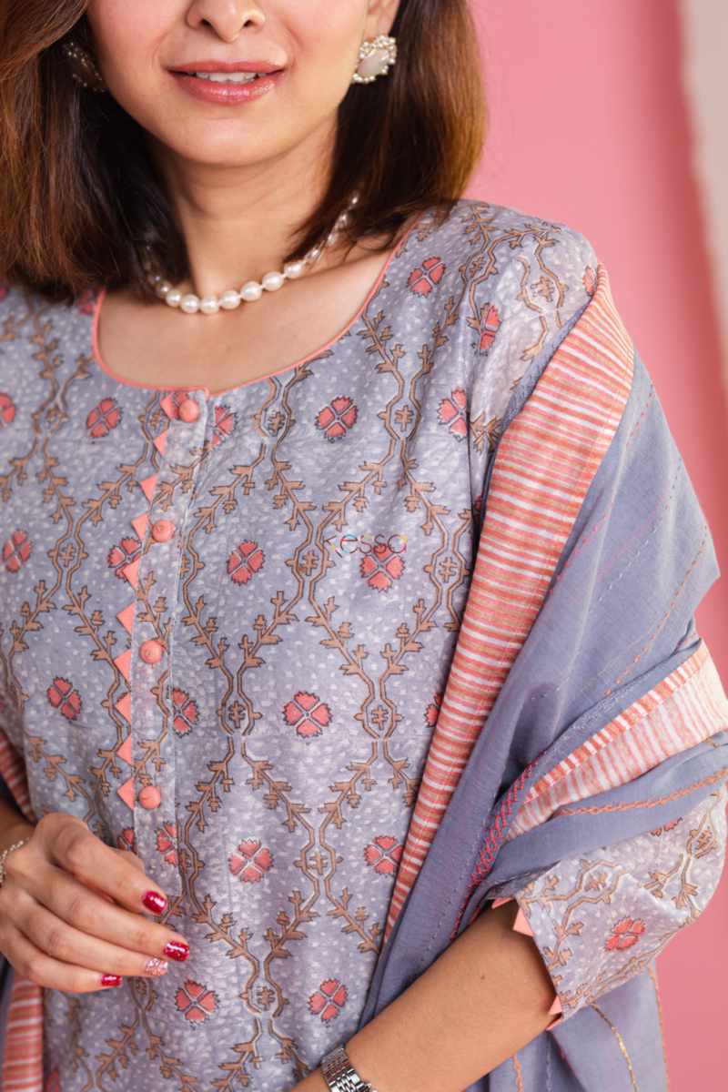 Image for Kusvaa Ws901 Ishara Block Print Kurta With Chanderi Dupatta Closeup