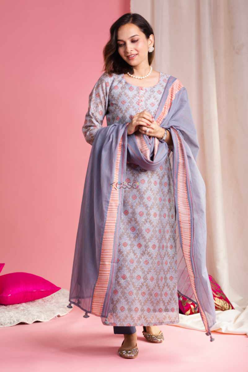 Image for Kusvaa Ws901 Ishara Block Print Kurta With Chanderi Dupatta Front