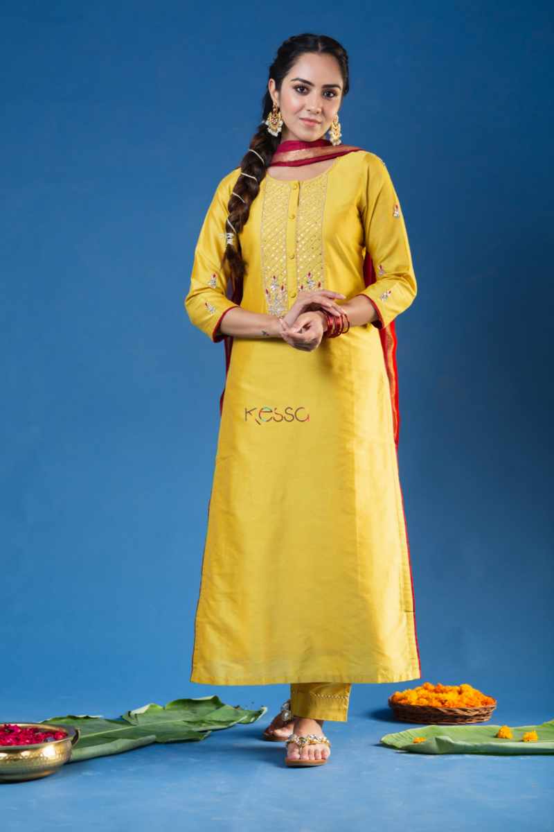 Image for Kusvaa Ws904 Anima Chanderi Kurta Pant Set Sitting