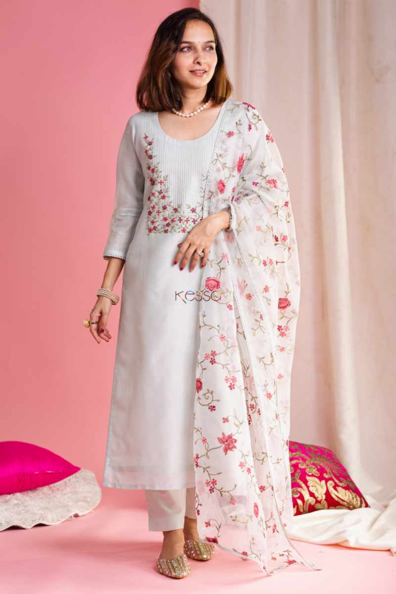 Image for Kusvaa Ws911 Hanita Chanderi Kurta With Organza Dupatta Front