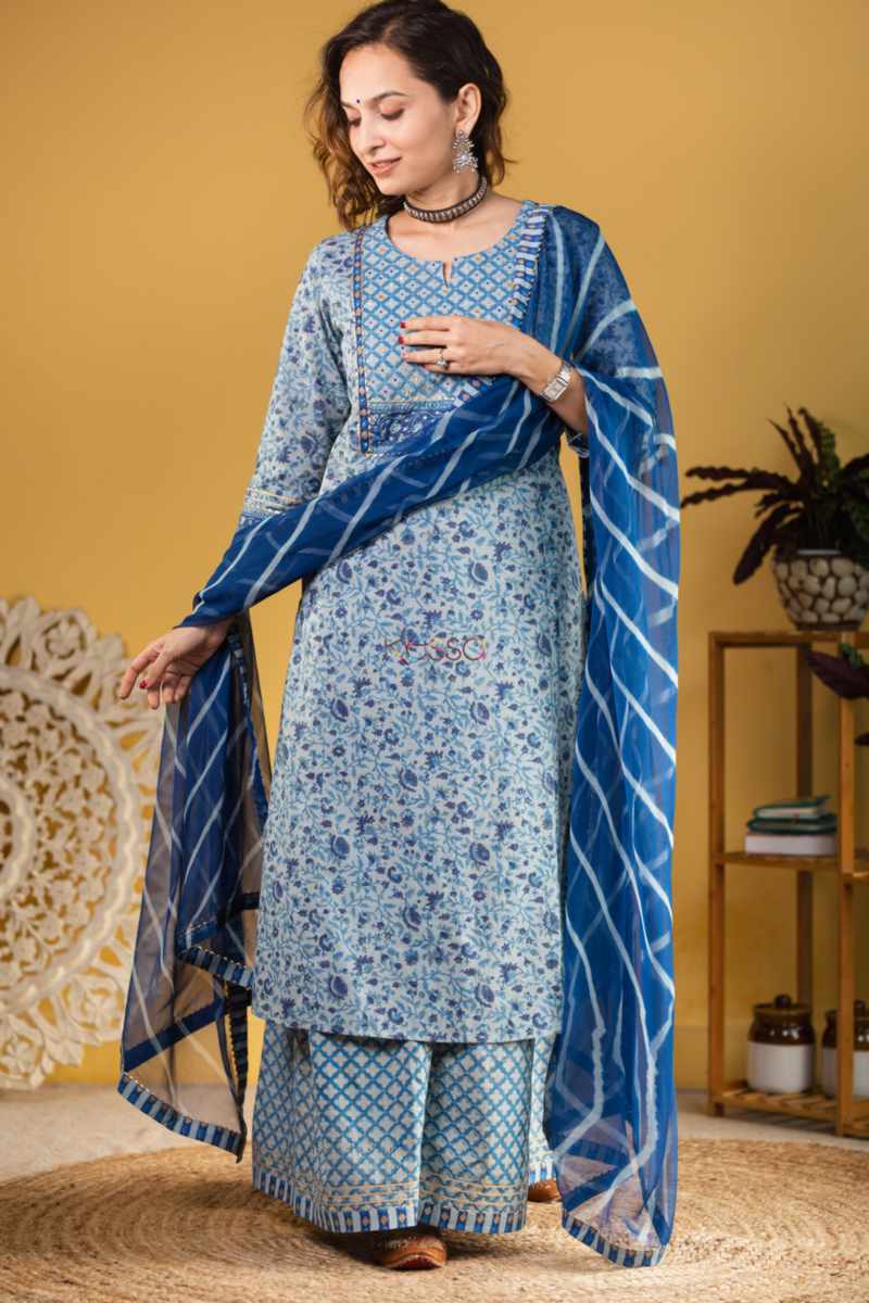 Image for Kusvaa Wsr331 Svara Indigo Complete Palazo Set With Lehriya Dupatta Closeup 2