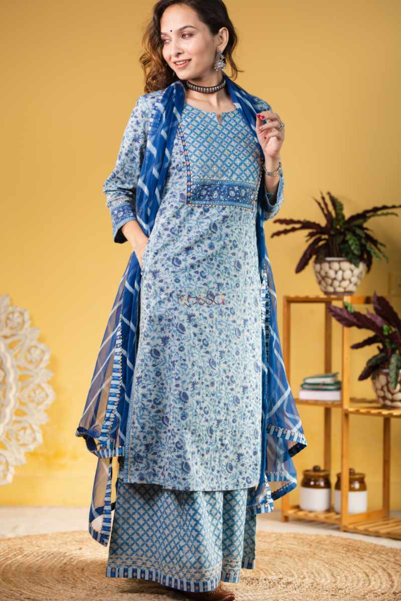 Image for Kusvaa Wsr331 Svara Indigo Complete Palazo Set With Lehriya Dupatta Front