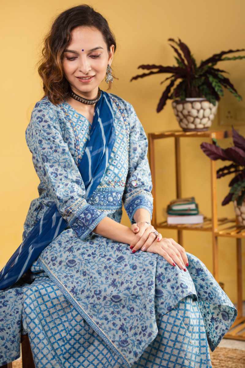 Image for Kusvaa Wsr331 Svara Indigo Complete Palazo Set With Lehriya Dupatta Sitting