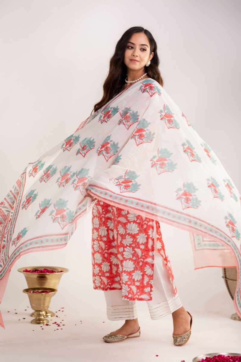 Image for Kusvaa Vcr146 Aagam Block Printed Straight Kurta With Dupatta Front