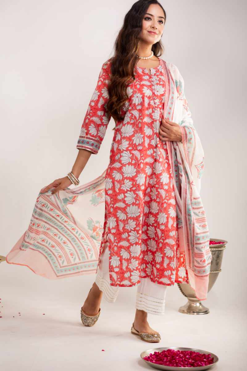 Image for Kusvaa Vcr146 Aagam Block Printed Straight Kurta With Dupatta Side