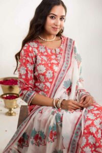 Image for Kusvaa Vcr146 Aagam Block Printed Straight Kurta With Dupatta Sitting