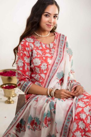 Image for Kusvaa Vcr146 Aagam Block Printed Straight Kurta With Dupatta Sitting