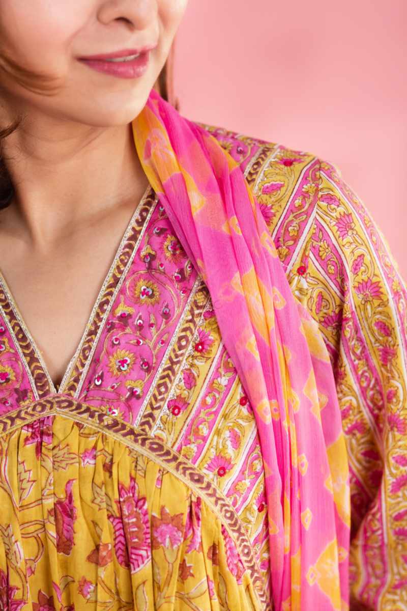 Image for Kusvaa Wsr346 Aakriti Block Print Kurta With Chiffon Dupatta Closeup 2