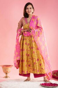 Image for Kusvaa Wsr346 Aakriti Block Print Kurta With Chiffon Dupatta Featured
