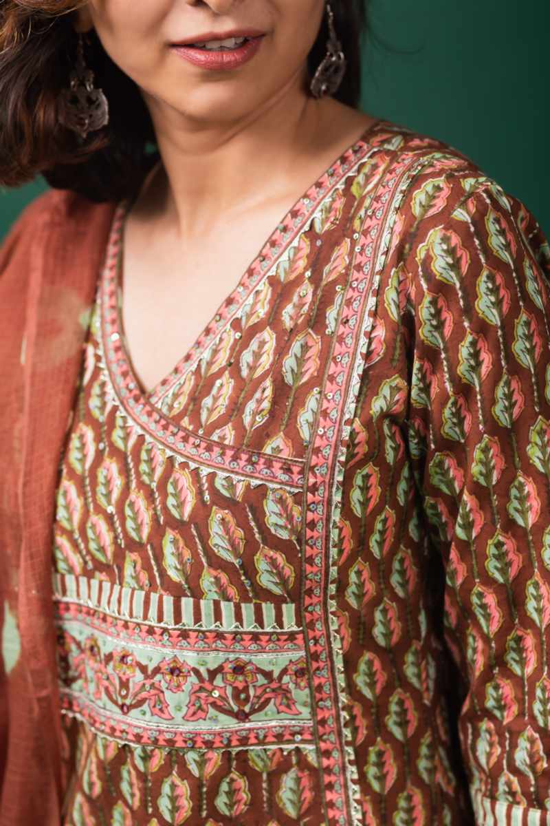 Image for Kusvaa Wsr357 Tajah Block Print Kurta With Kota Doria Dupatta Closeup
