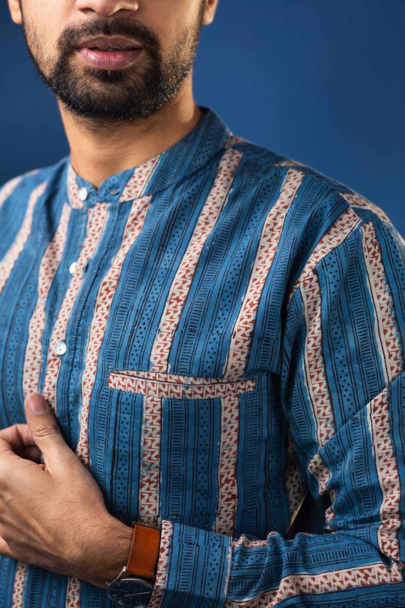 Image for Kusvaa Bpr22 Saket Block Print Men Shirt Closeup