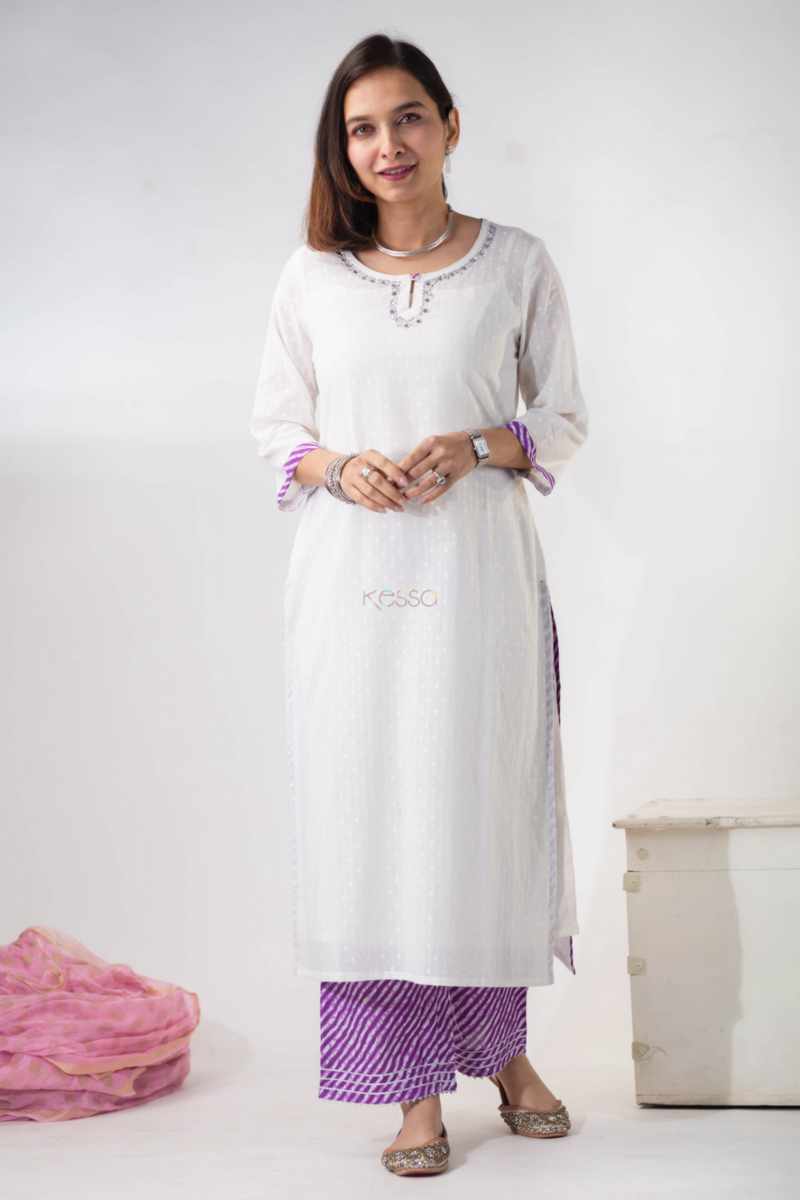 Image for Kusvaa Vcr142 Ameya Dobby Cotton Kurta With Lehriya Palazzo Featured New