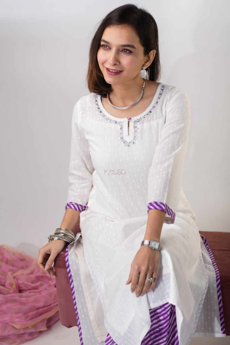 Image for Kusvaa Vcr142 Ameya Dobby Cotton Kurta With Lehriya Palazzo Sitting New