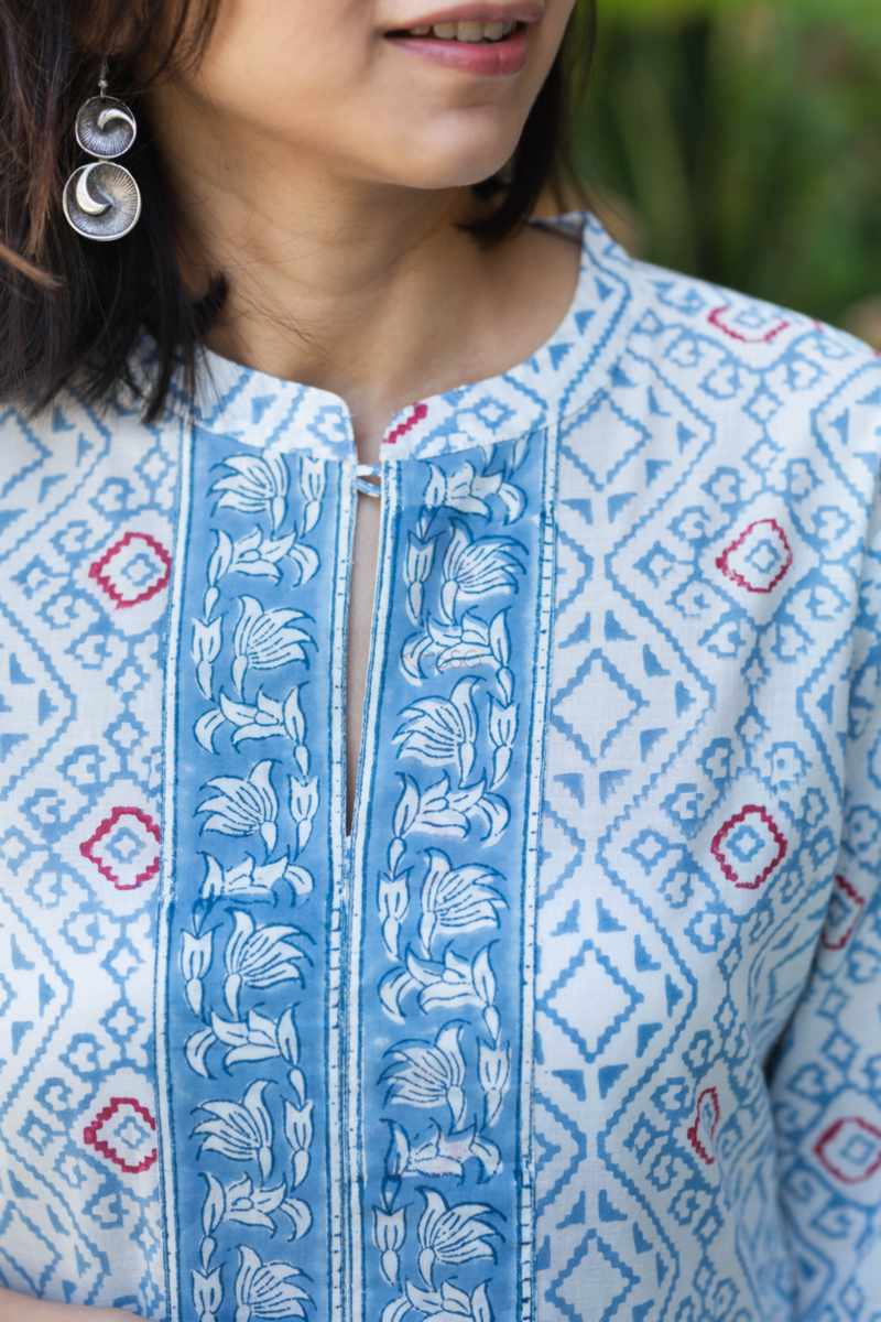 Image for Kusvaa Avdaf208 Shashi Handblock Cotton A Line Kurta Closeup