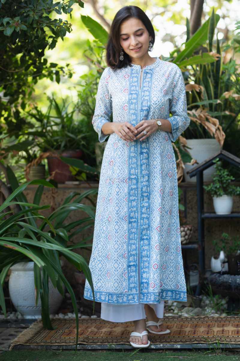 Image for Kusvaa Avdaf208 Shashi Handblock Cotton A Line Kurta Front