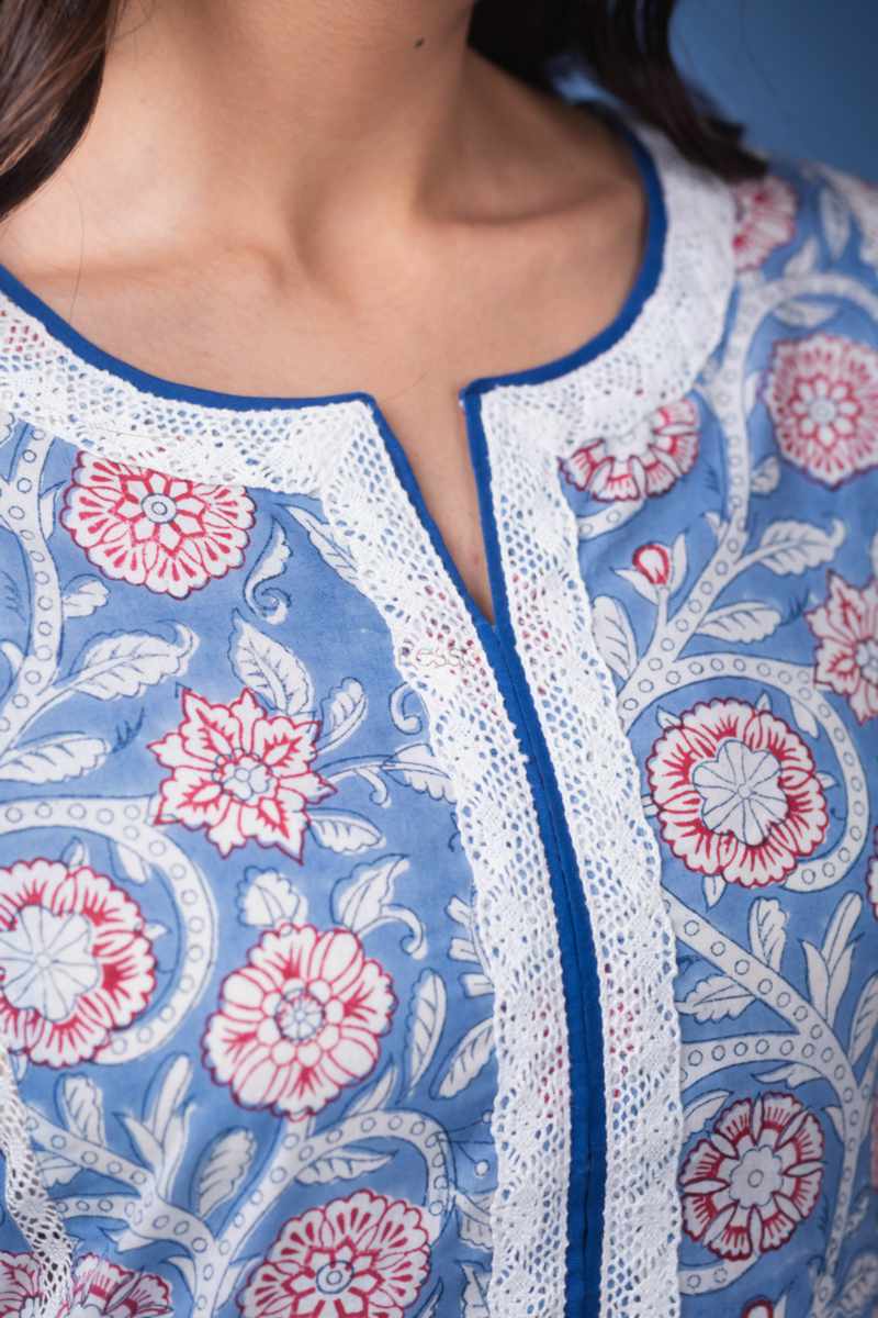 Image for Kusvaa Avdaf210 Enakshi Cotton Handblock Kurta Pant Set Closeup