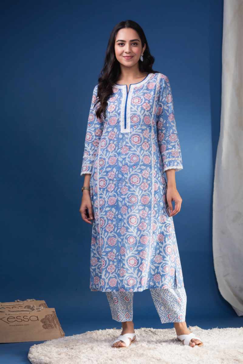 Image for Kusvaa Avdaf210 Enakshi Cotton Handblock Kurta Pant Set Front