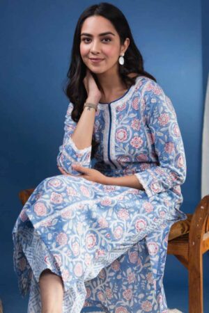 Image for Kusvaa Avdaf210 Enakshi Cotton Handblock Kurta Pant Set Sitting