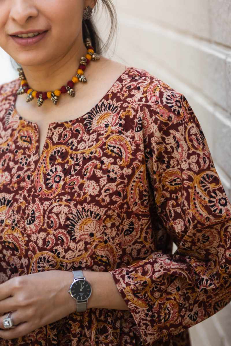 Image for Kusvaa Ws993 Banvi Kalmkari Cotton Dress Closeup