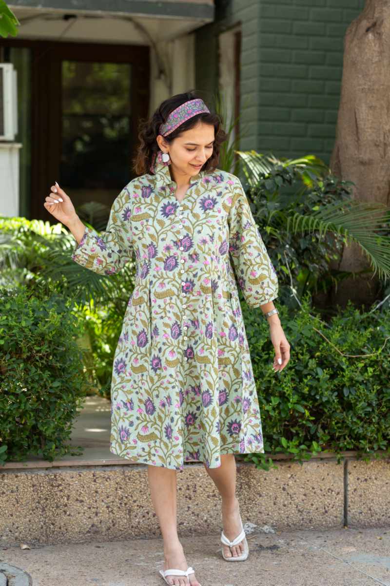 Image for Kusvaa Wsr374 Vadani Handblok Cotton Dress Side New