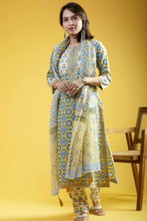 Image for Kusvaa Avdaf216 Lavi Handblock Kurta With Kota Doriya Dupatta Featured