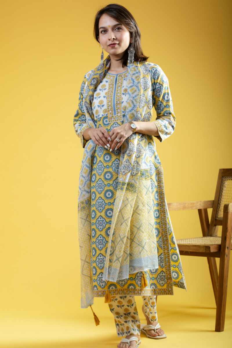 Image for Kusvaa Avdaf216 Lavi Handblock Kurta With Kota Doriya Dupatta Featured