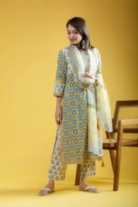 Image for Kusvaa Avdaf216 Lavi Handblock Kurta With Kota Doriya Dupatta Side