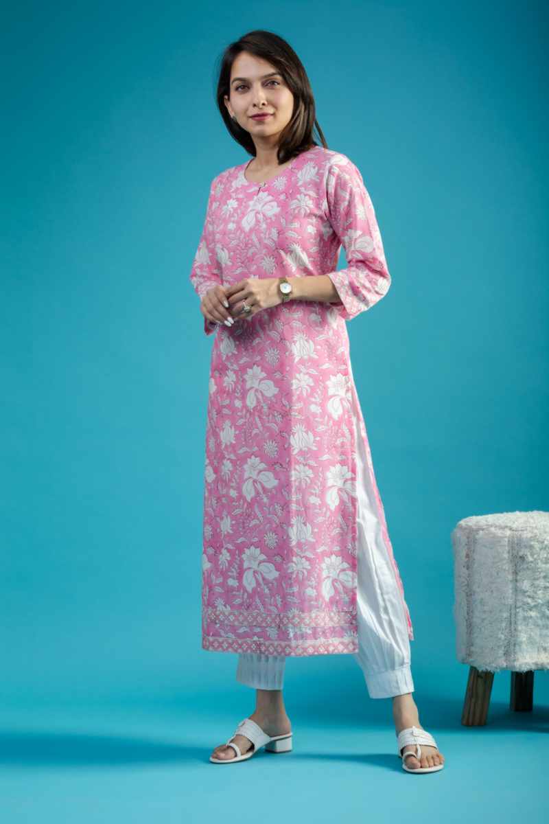 Image for Kusvaa De182 Kannareth Cotton Handblock Straight Fit Kurta Front