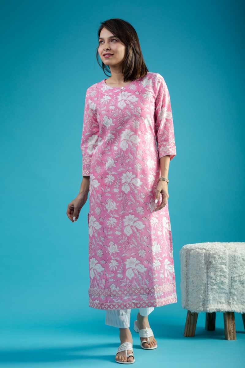Image for Kusvaa De182 Kannareth Cotton Handblock Straight Fit Kurta Side