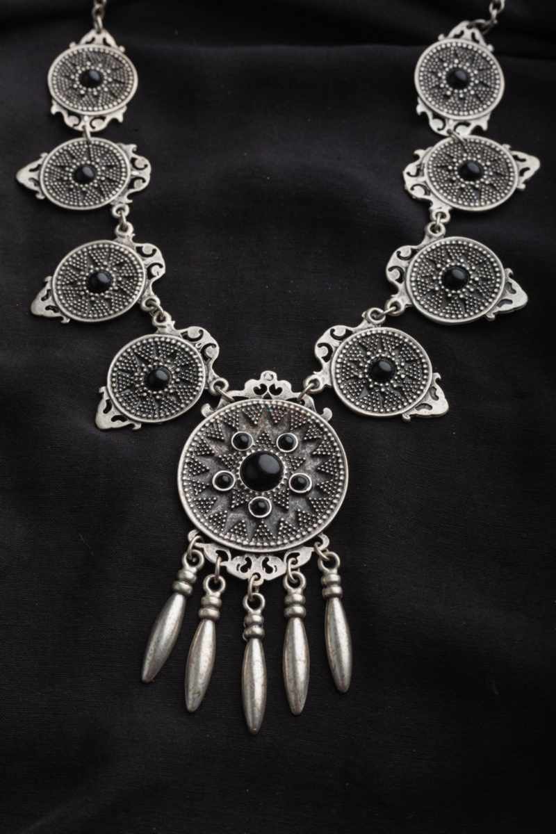 Image for Kusvaa Kpn19 Turkish Black Multi Stone Circular Tribal Boho Necklace Front