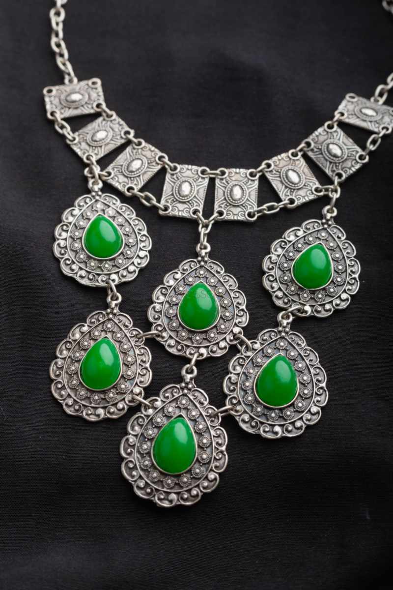 Image for Kusvaa Kpn54 Turkish Circular Multi Green Stone Chain Necklace Front