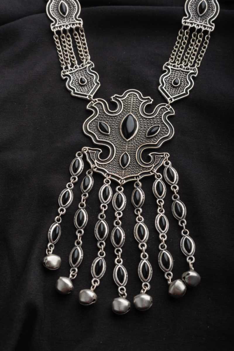 Image for Kusvaa Kpn62 Turkish Shape Multi Black Stone Ghungroo Necklace Black Front