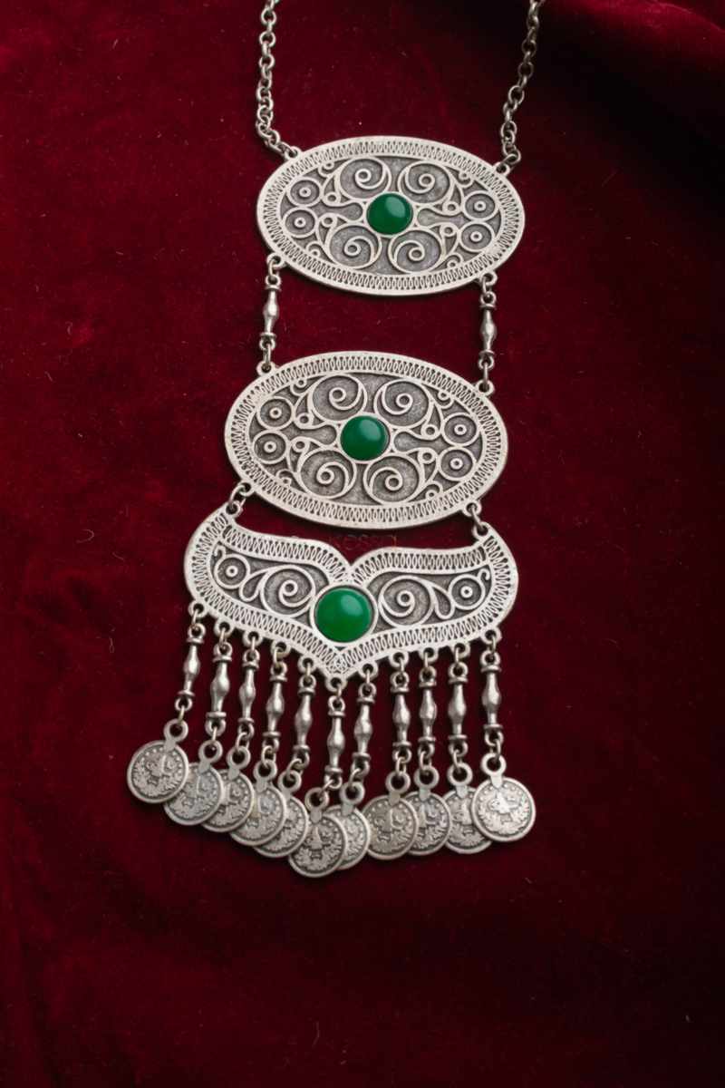 Image for Kusvaa Kpn68 Turkish Circular Pendant Green Stone Coin Necklace Featured