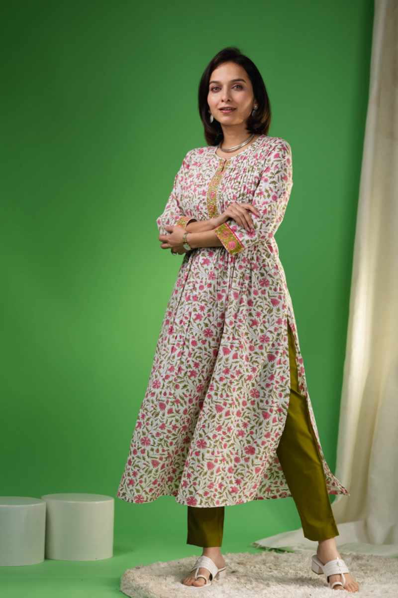 Image for Kusvaa Vcr179 Indu Cotton Handblock Print Straight Kurta Side